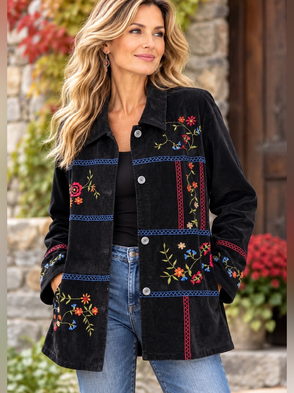 Vintage Diane Gilman Black Velvet Floral Embroidered Boho Jacket